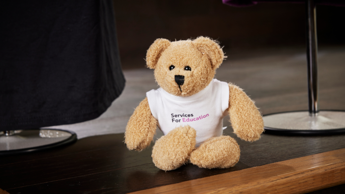 A close up image of Services For Education's mascot, Beartoven, at the Youth Proms - a small teddy bear wearing a white t-shirt with Services For Education's logo on.