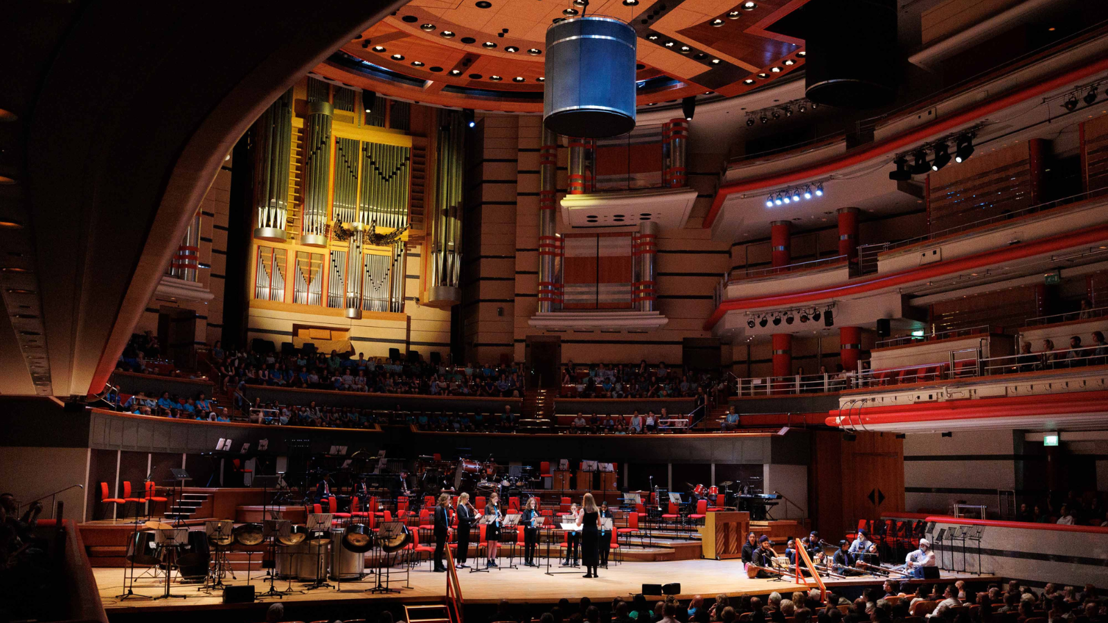 Stage view of Symphony Hall, Birmingham, of Services For Education's SFE Ensembles performing at the annual Youth Proms