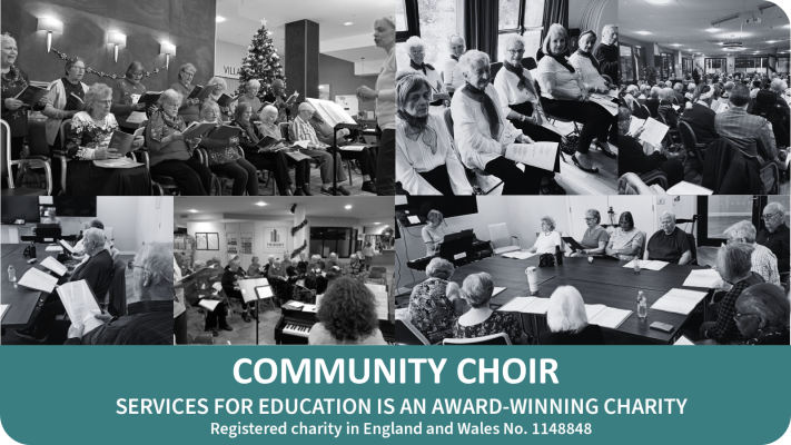 A photo collage featuring several black-and-white photos of Services For Education's community choir, practicing and performing in indoor spaces with sheet music. Below the collage, a teal banner displays white text that reads: "COMMUNITY CHOIR SERVICES FOR EDUCATION IS AN AWARD-WINNING CHARITY.''