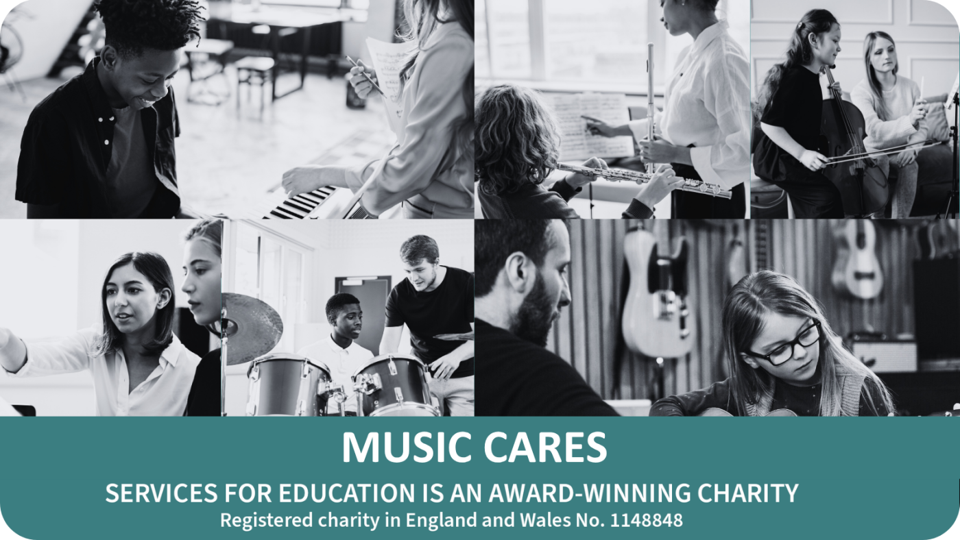 A black-and-white grid of images showing diverse children and young adults learning and playing various musical instruments, including the piano, flute, cello, drums, and acoustic guitar. A teal banner at the bottom reads "MUSIC CARES" and "SERVICES FOR EDUCATION IS AN AWARD-WINNING CHARITY".