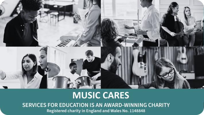 A black-and-white grid of images showing diverse children and young adults learning and playing various musical instruments, including the piano, flute, cello, drums, and acoustic guitar. A teal banner at the bottom reads "MUSIC CARES" and "SERVICES FOR EDUCATION IS AN AWARD-WINNING CHARITY".